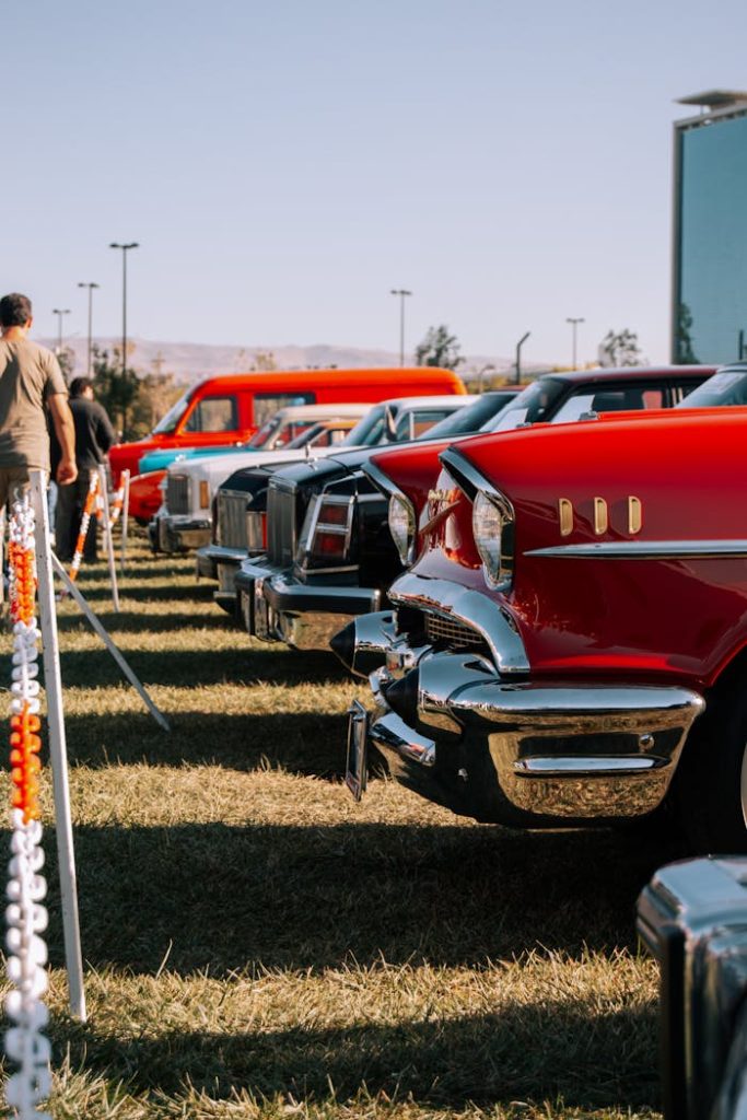 A row of beautifully restored vintage cars on display at an outdoor car show.